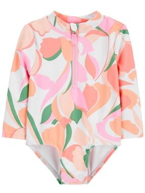 Carter's 2T Pink/Peach Floral Zip Rash Guard One-Pieced Swimsuit UPF 50+